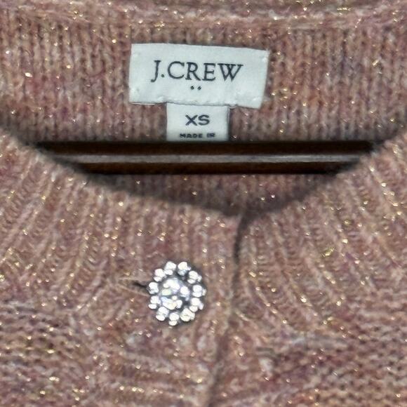 J.Crew Shimmer Lady Cardigan Sweater Crystal Buttons XS Rose Blush Metallic - Picture 8 of 16